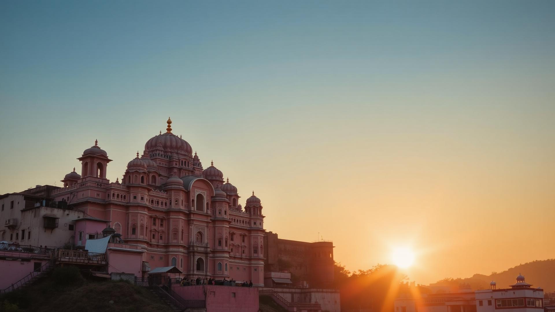 Hawa Mahal and the Jaipur pink city skyline at sunrise